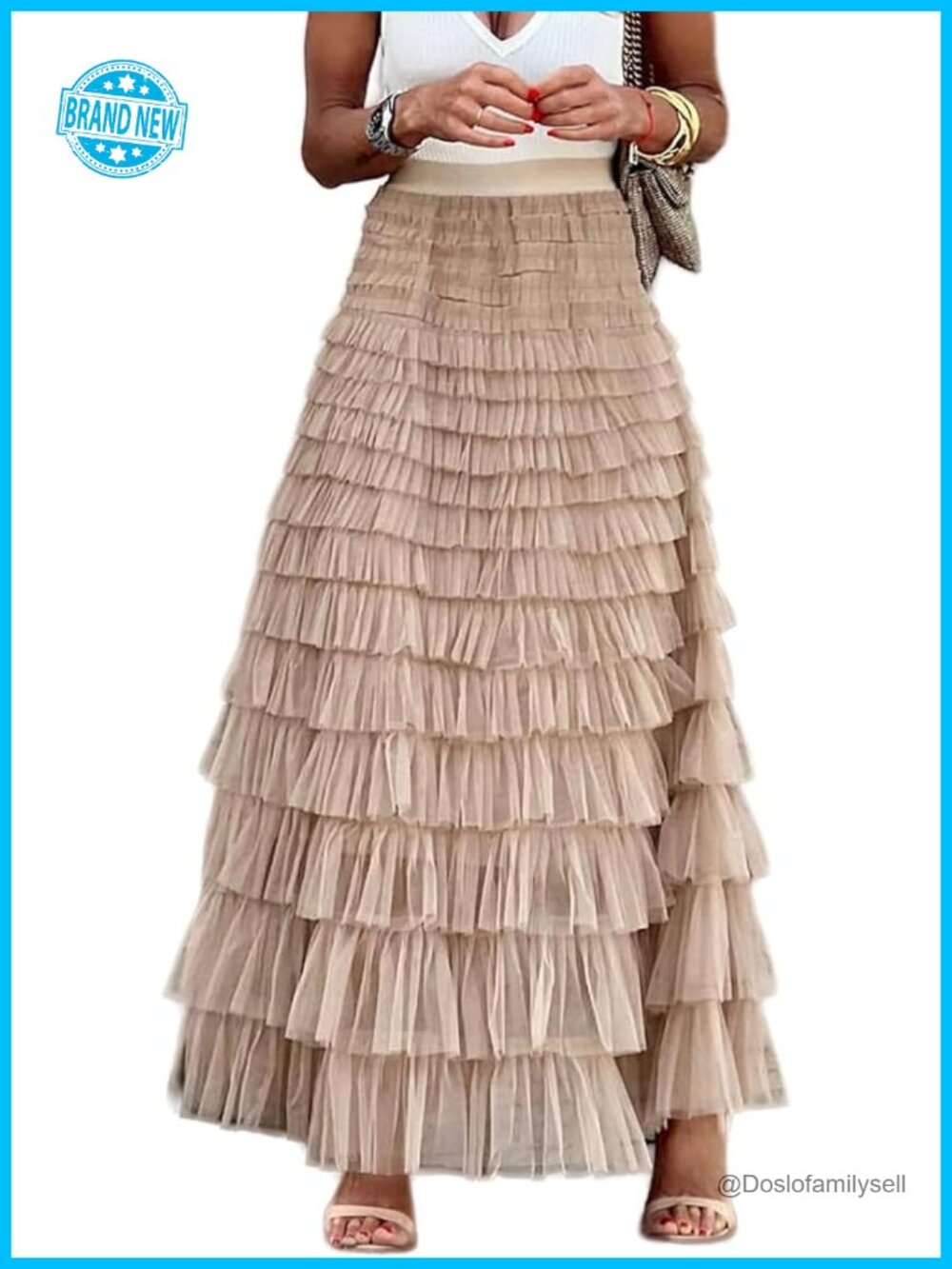 Layered Tulle Maxi Skirt High Waisted A-Line Ruffled Tutu Petticoat
